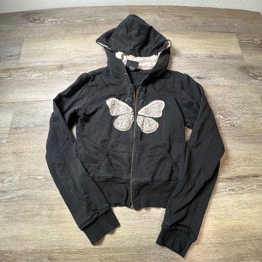 L.A. Kitty Zip Up Hoodie Womens M Black Butterfly Lace Y2K Fairycore Floral Hood